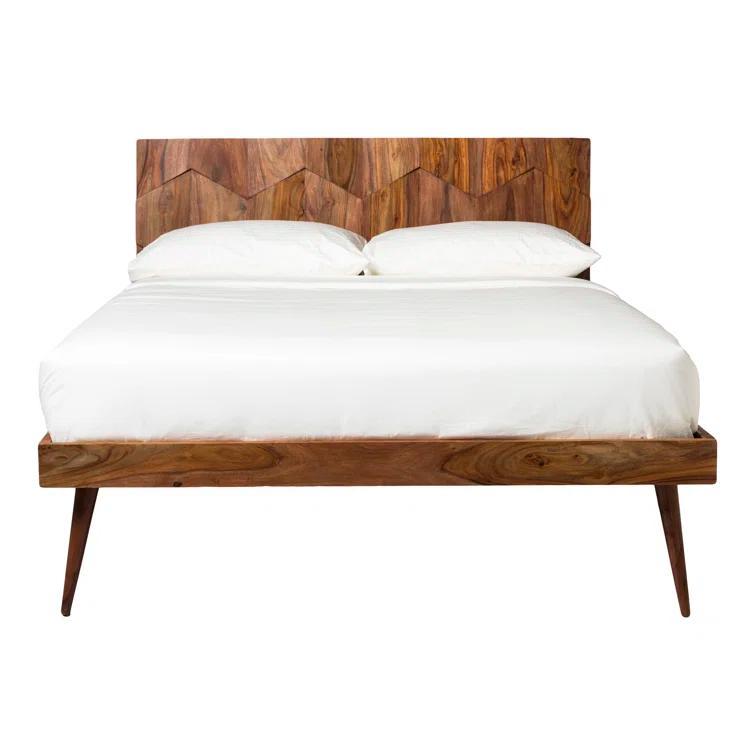 Deluxe Mid-Century Modern Sheesham Wood Queen Platform Bed with Storage