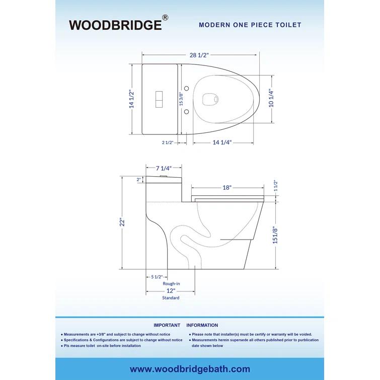 WoodBridge 1.6 Gallons GPF Elongated Comfort Height Floor Mounted One-Piece Toilet (Seat Included)