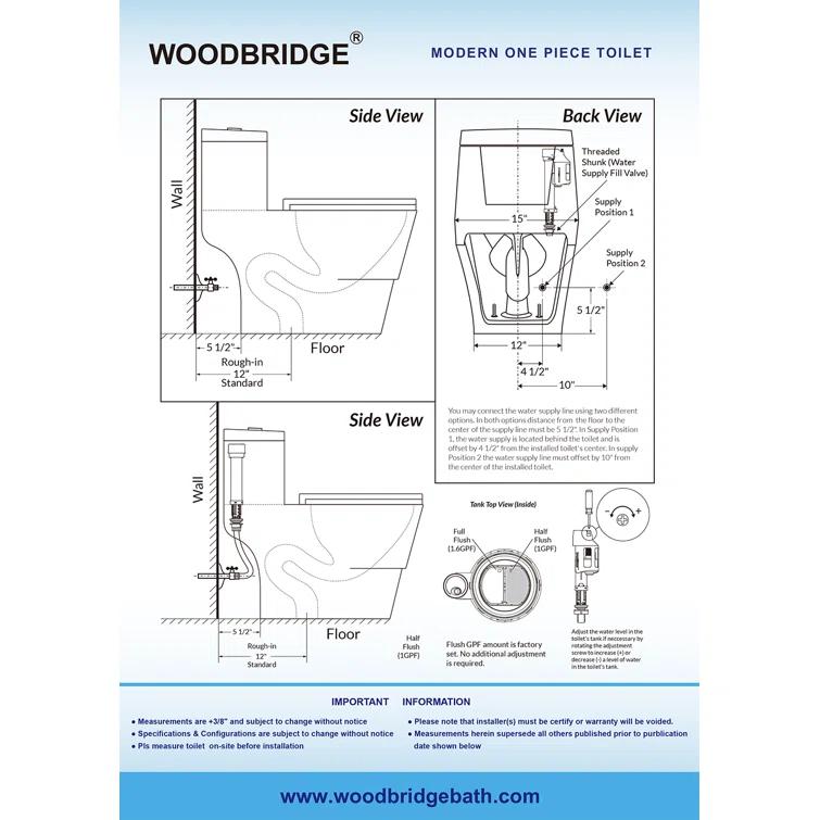 WoodBridge 1.6 Gallons GPF Elongated Comfort Height Floor Mounted One-Piece Toilet (Seat Included)