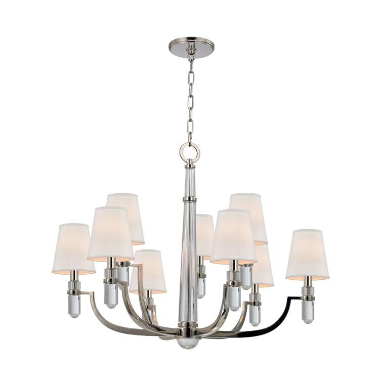 Polished Nickel and Crystal 9-Light Chandelier with Faux Silk Shades