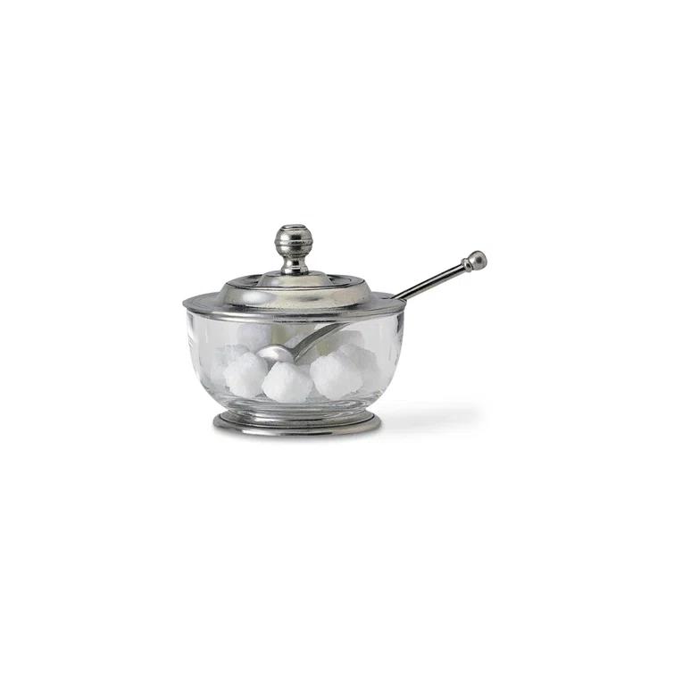 Elegant Pewter and Glass Sugar Bowl with Spoon