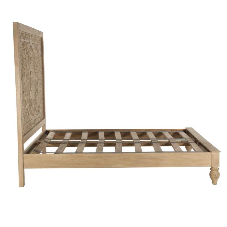 Transitional Heirloom Mango Wood Queen Platform Bed with Carved Headboard