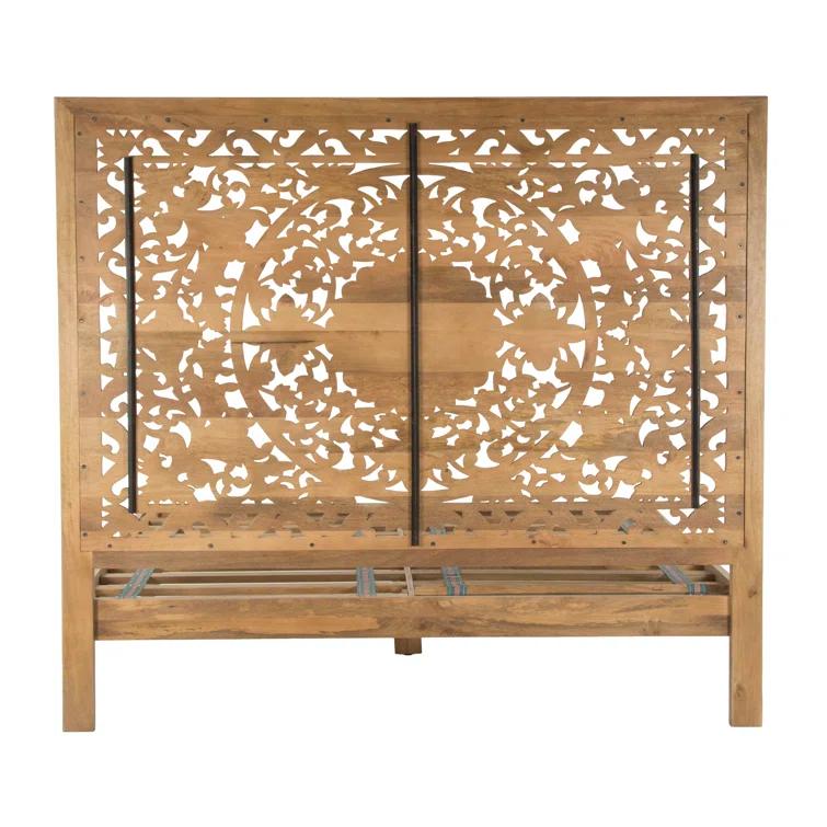 Transitional Heirloom Mango Wood Queen Platform Bed with Carved Headboard