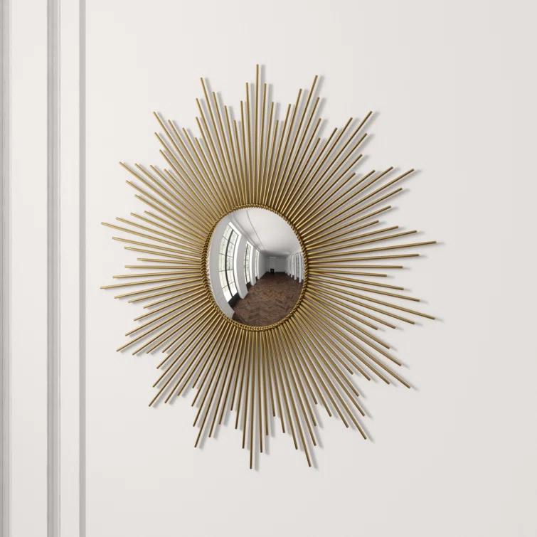 Antique Brass Sunburst Round Wood Mirror 39"