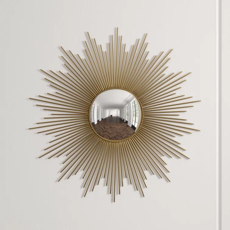 Antique Brass Sunburst Round Wood Mirror 39"