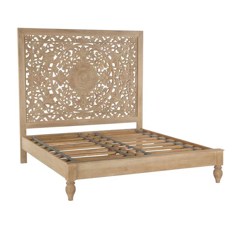 Transitional Heirloom Mango Wood Queen Platform Bed with Carved Headboard