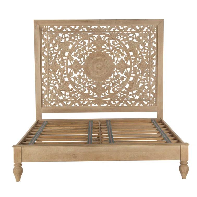 Transitional Heirloom Mango Wood Queen Platform Bed with Carved Headboard