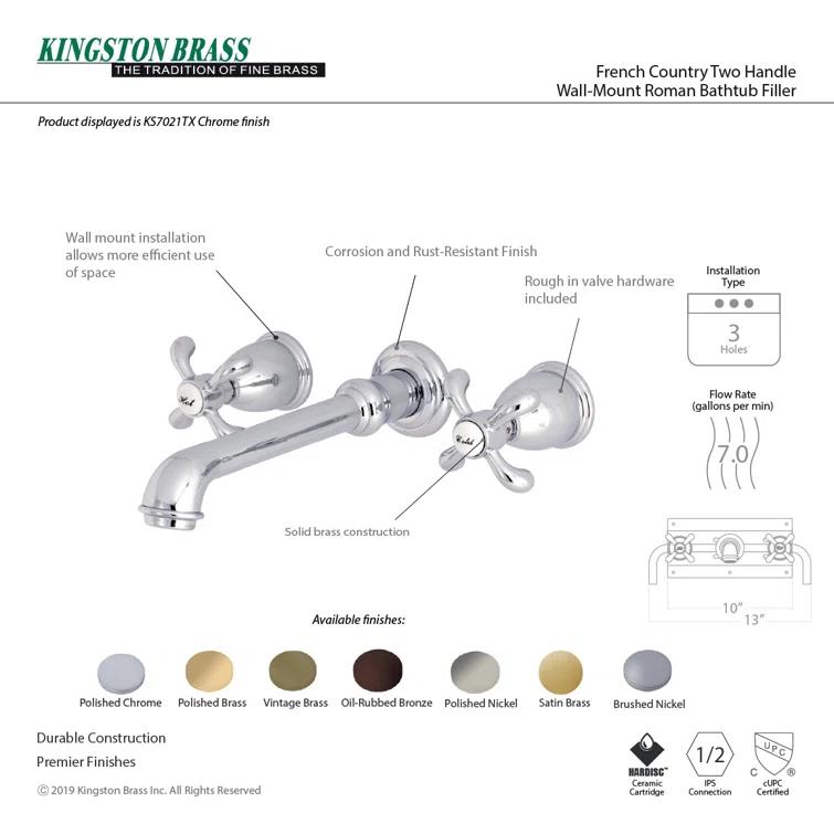 Kingston Brass French Country Two-Handle 3-Hole Wall Mount Roman Tub Faucet