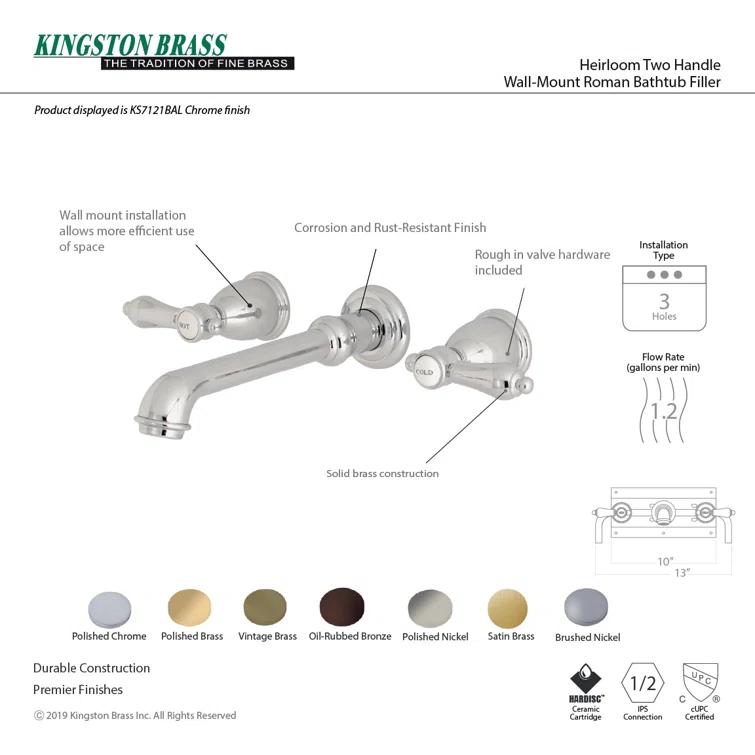 Kingston Brass KS7122BAL Kingston Brass Heirloom Two-Handle 3-Hole Wall Mount Bathroom Faucet
