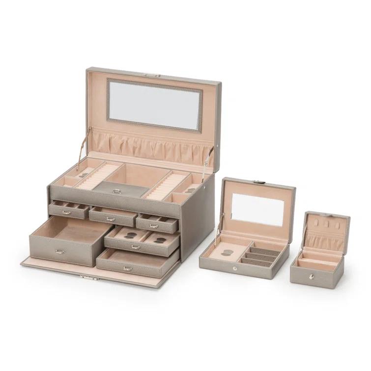 Gray Faux Leather Rectangular Locking Jewelry Box