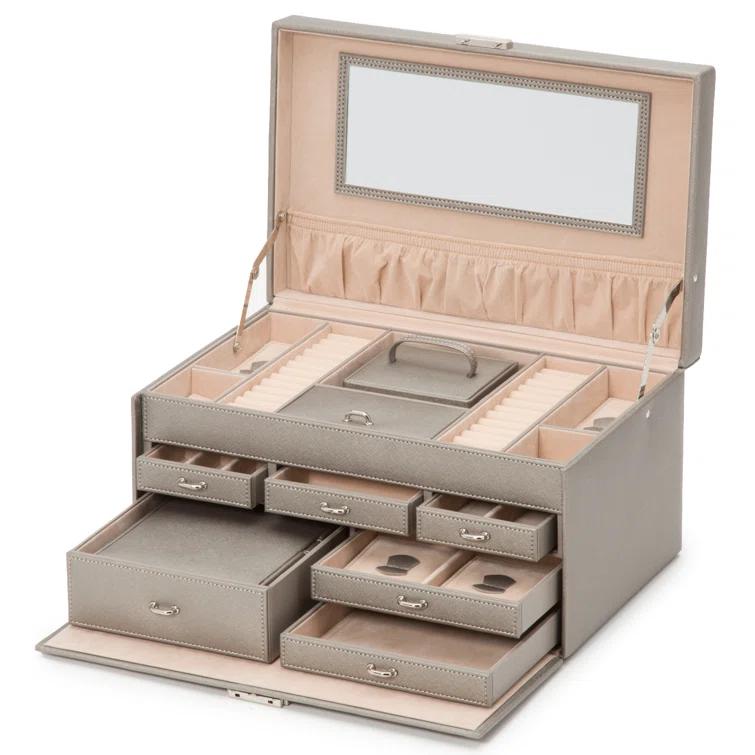 Gray Faux Leather Rectangular Locking Jewelry Box