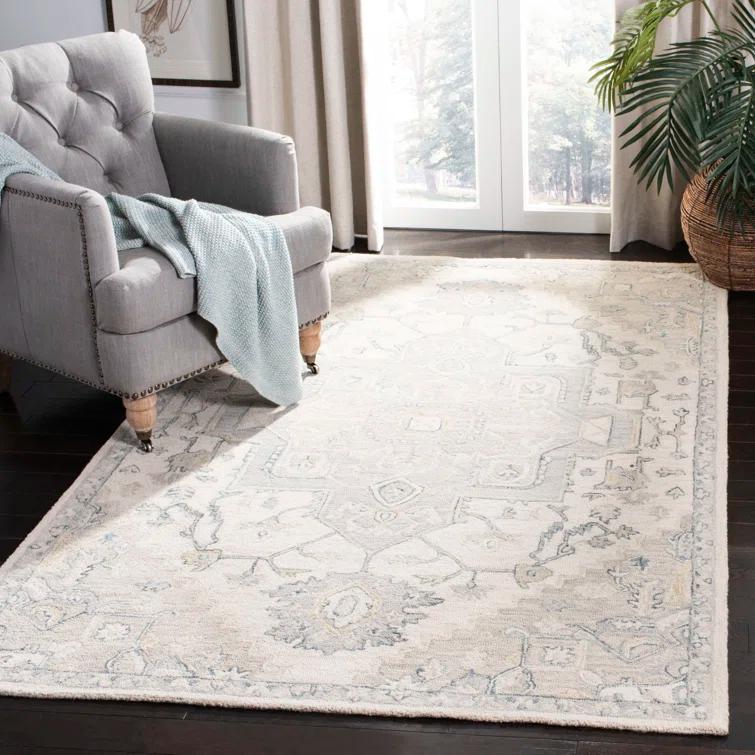 Ivory and Beige Wool Medallion Tufted Runner Rug 2'6"x4'0"