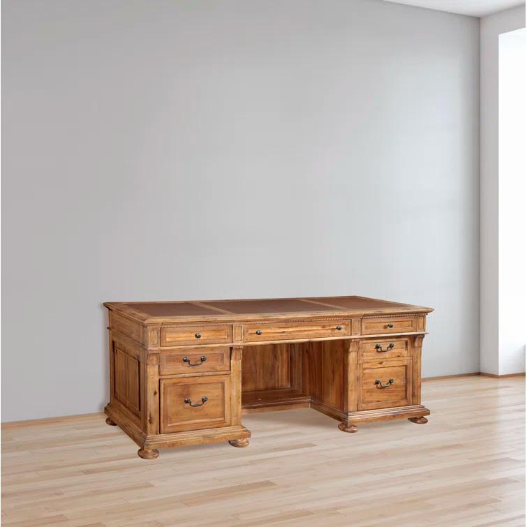 Traditional Executive Brown Wood Desk with Keyboard Tray and Filing Cabinet