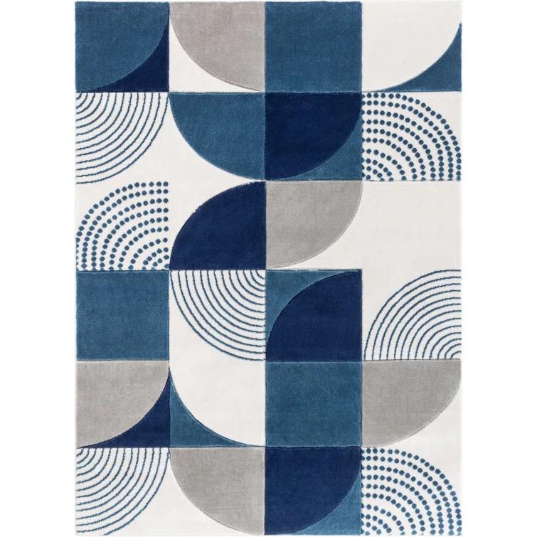Clyte Blue Modern Geometric Boxes Lines 3D Textured Rug