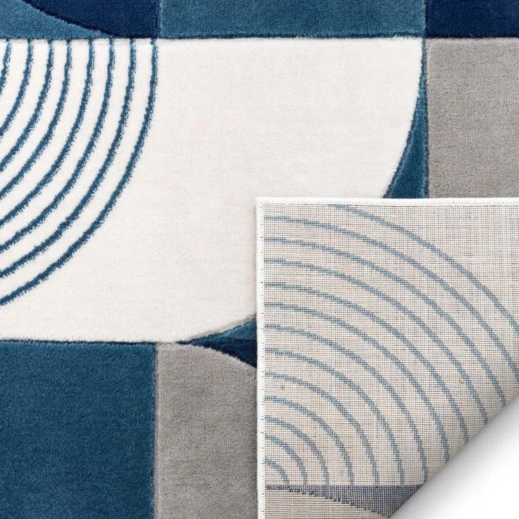 Clyte Blue Modern Geometric Boxes Lines 3D Textured Rug