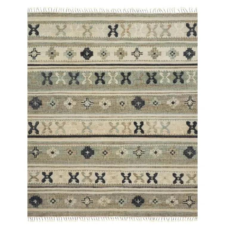 Hand-Knotted Blue and Beige Wool Cotton Area Rug