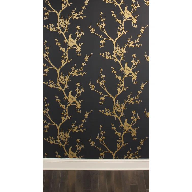 Tempaper & Co.® x Cynthia Rowley Bird Watching Removable Peel and Stick Wallpaper, Black and Gold, 56 sq ft: Vinyl, Self-Adhesive