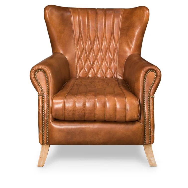 Transitional Bugatti Brown Leather & Wood Wingback Arm Chair