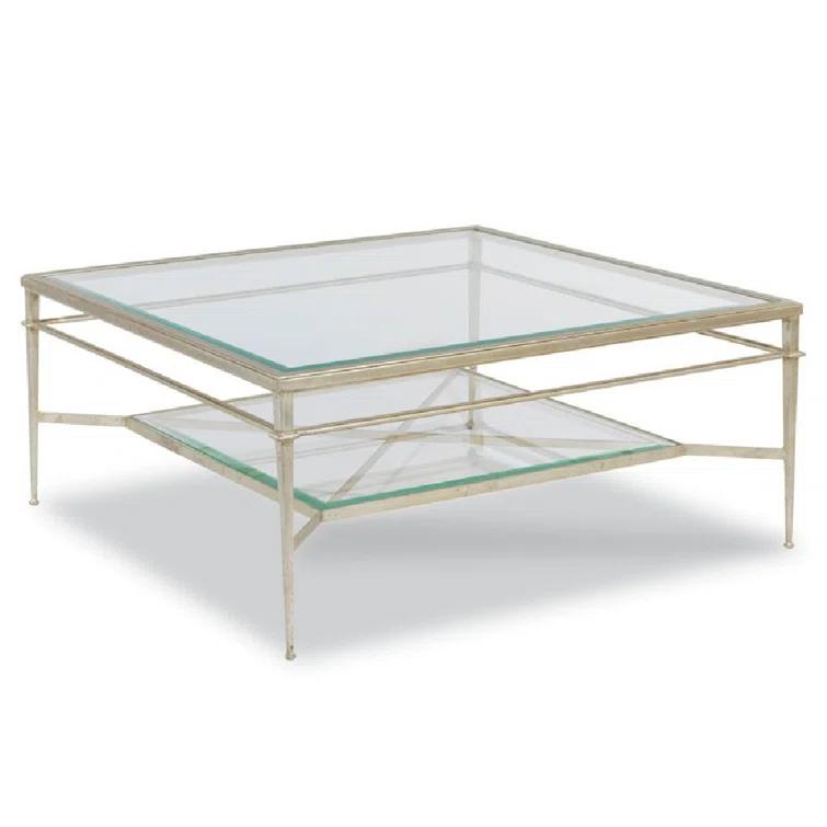 Antique Brass Square Glass Cocktail Table with Lower Shelf