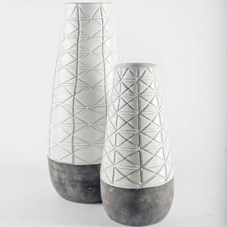 Textured White Over Dark Clay Carved Ceramic Vase, Gray