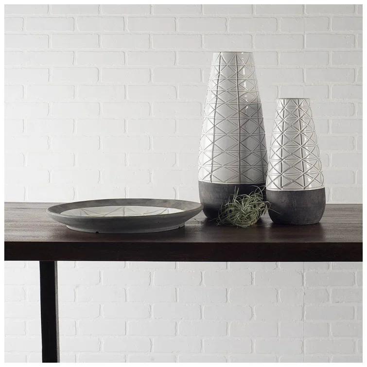 Textured White Over Dark Clay Carved Ceramic Vase, Gray