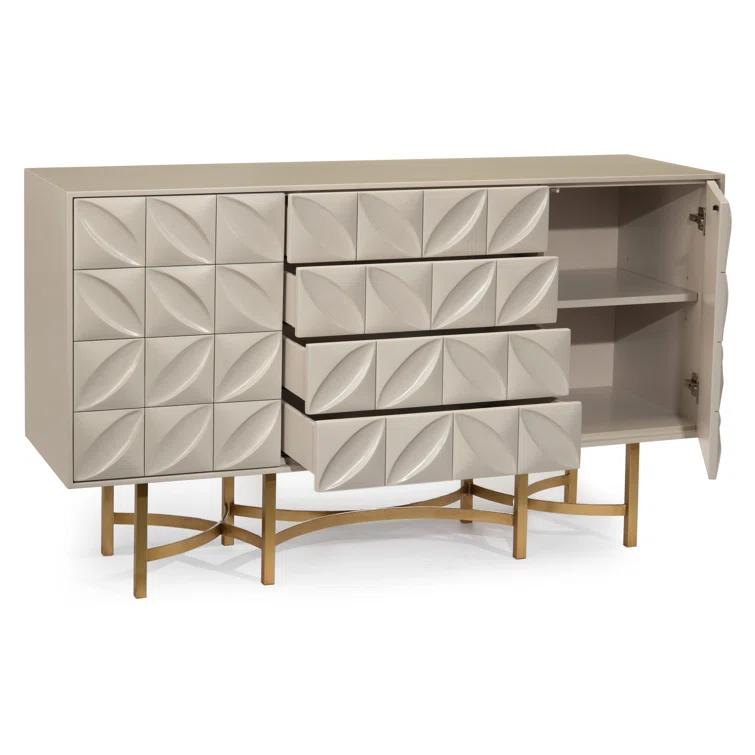 Contemporary Ghost White 61'' Carved Petal Credenza with Bronze Stand