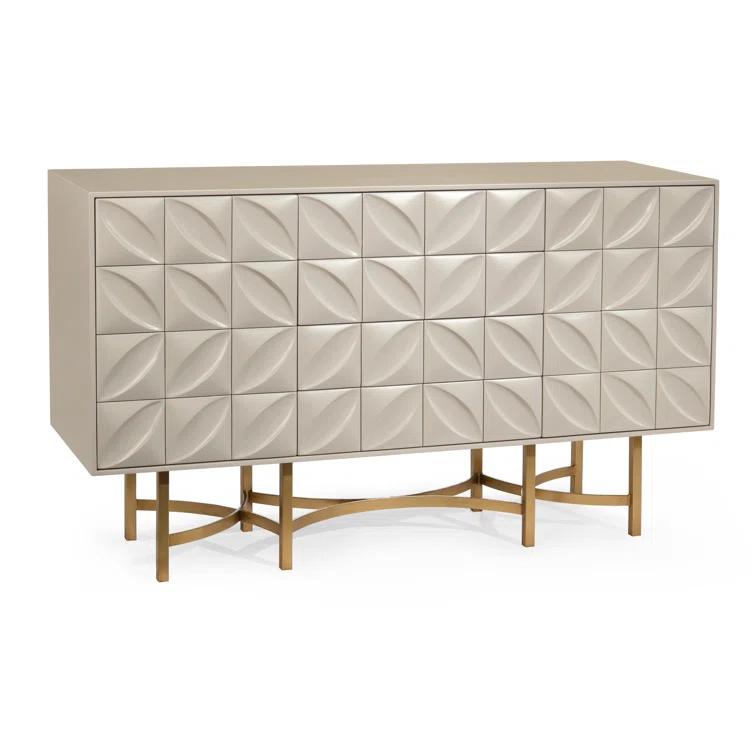 Contemporary Ghost White 61'' Carved Petal Credenza with Bronze Stand