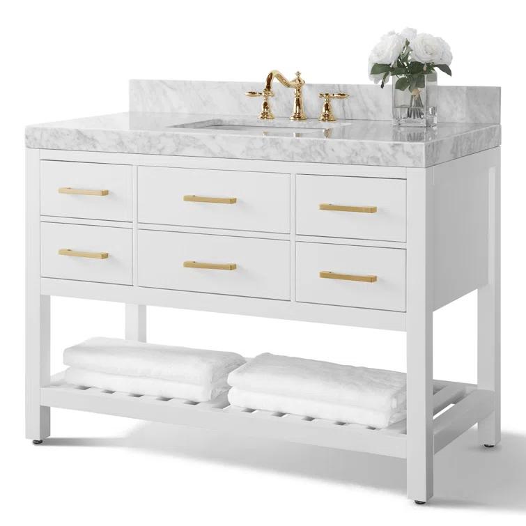 Ancerre Designs Elizabeth 48 in. Bath Vanity Set in White with Italian Carrara White Marble Vanity top and White Undermount Basin with Gold Hardware and 28 in. White Mirror | Perigold