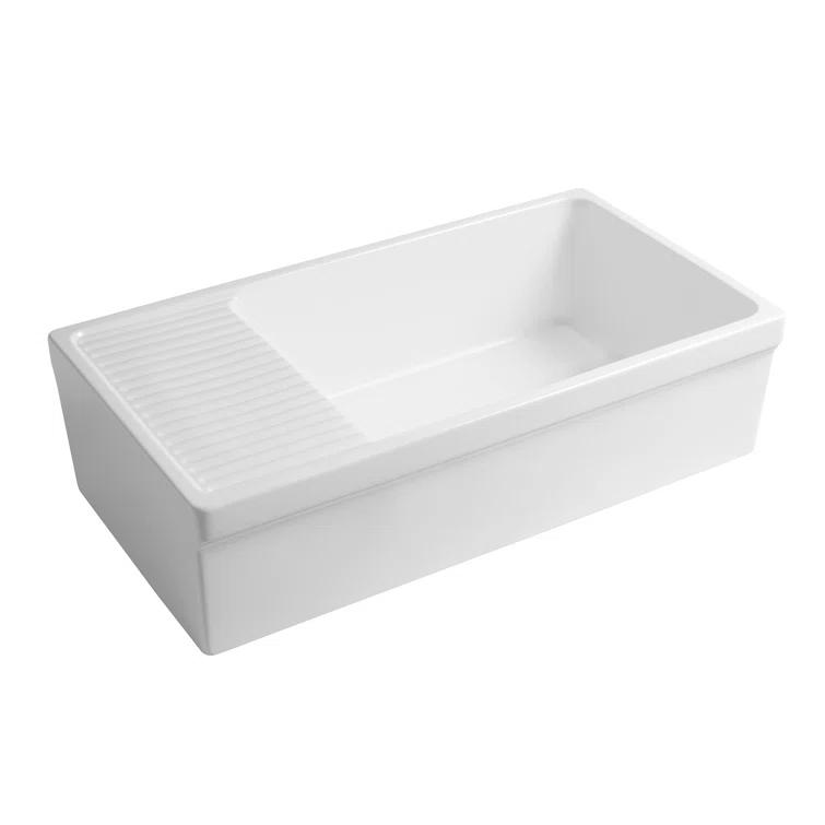 Whitehaus Collection WHQD540-M-WHITE Whitehaus Collection 36” Single Bowl Fireclay Kitchen Sink: Integral Drainboard, Lip Front Apron