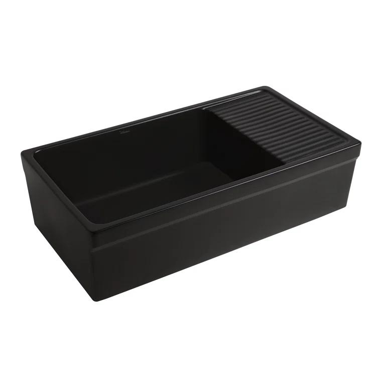 Whitehaus Collection WHQD540-M-BLACK Whitehaus Collection 36” Single Bowl Fireclay Kitchen Sink: Integral Drainboard, Lip Front Apron