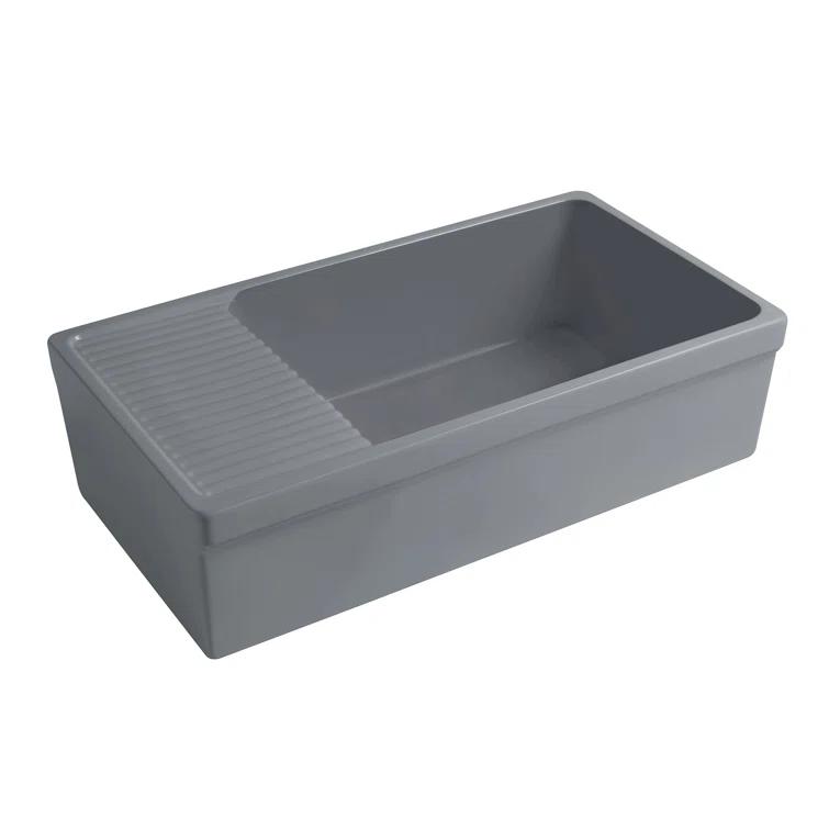 Whitehaus Collection WHQD540-M-CEMENT Whitehaus Collection 36” Single Bowl Fireclay Kitchen Sink: Integral Drainboard, Lip Front Apron