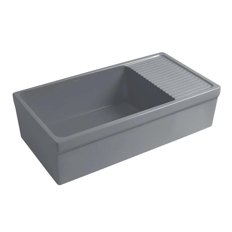 Whitehaus Collection WHQD540-M-CEMENT Whitehaus Collection 36” Single Bowl Fireclay Kitchen Sink: Integral Drainboard, Lip Front Apron