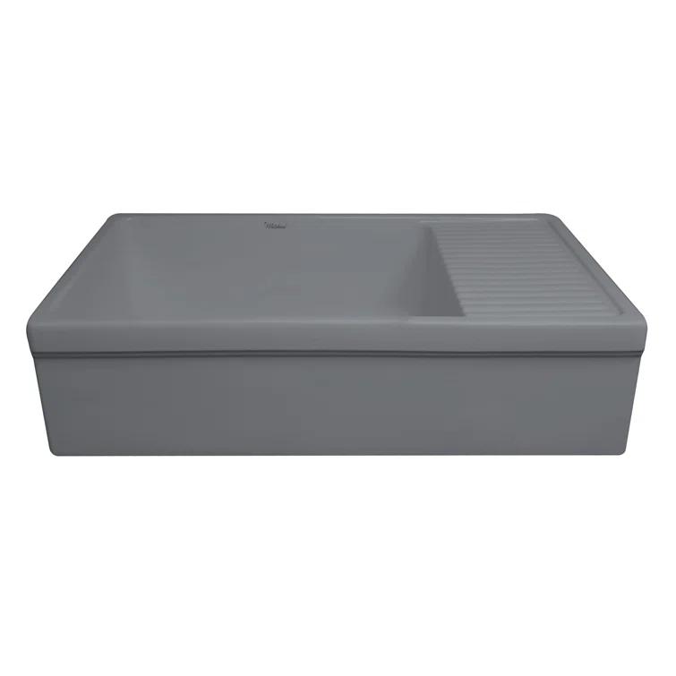 Whitehaus Collection WHQD540-M-CEMENT Whitehaus Collection 36” Single Bowl Fireclay Kitchen Sink: Integral Drainboard, Lip Front Apron