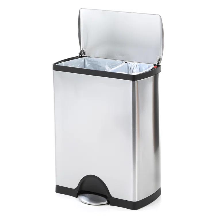 simplehuman Rectangular Dual Compartment Recycling Kitchen Step Trash Can, 46 Liter, Stainless Steel