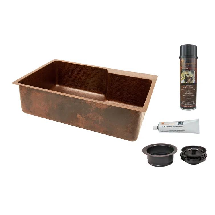 33" Hammered Copper Kitchen Single Basin Sink with Matching Drain and Accessories