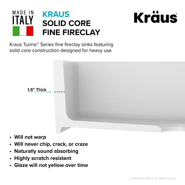 KRAUS Turino™ Reversible 33-inch L Fireclay Farmhouse Flat Apron Front Single Bowl Kitchen Sink with Bottom Grid