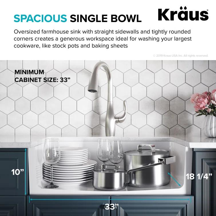 KRAUS Turino™ Reversible 33-inch L Fireclay Farmhouse Flat Apron Front Single Bowl Kitchen Sink with Bottom Grid