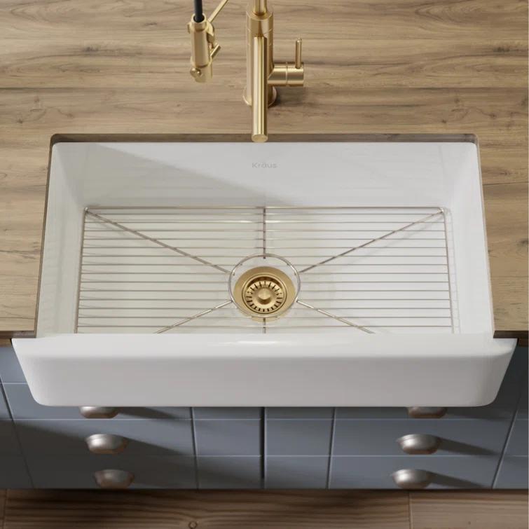 KRAUS Turino™ Reversible 33-inch L Fireclay Farmhouse Flat Apron Front Single Bowl Kitchen Sink with Bottom Grid