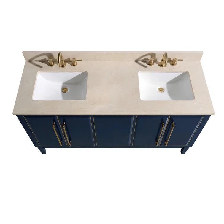 Navy Blue and Gold Double Sink Vanity with Marble Top