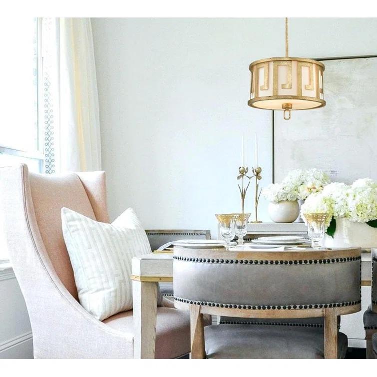 Distressed Gold Drum 2-Light Pendant with Fabric Shade