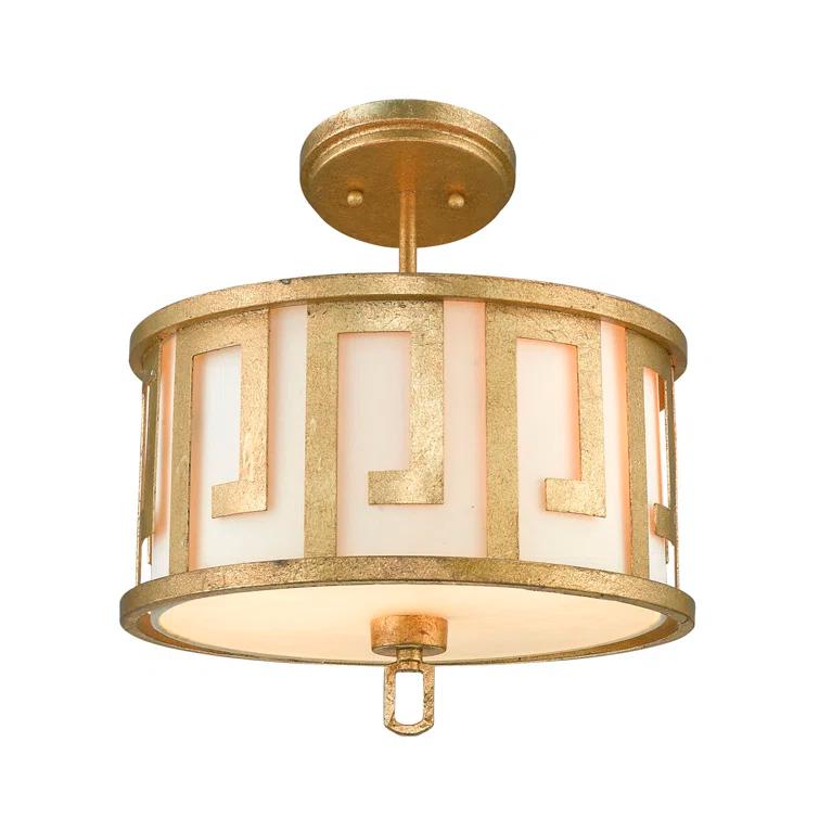 Distressed Gold Drum 2-Light Pendant with Fabric Shade