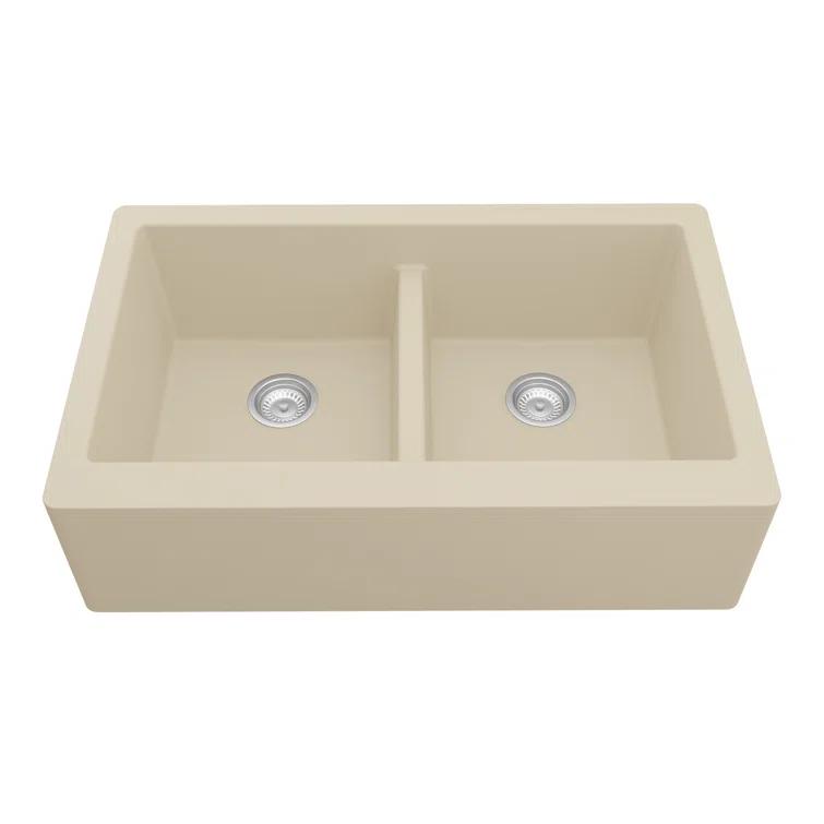 Karran Quartz 34'' X 21-1/4'' 50/50 Double Bowl Farmhouse/Apron Front Kitchen Sink Kit
