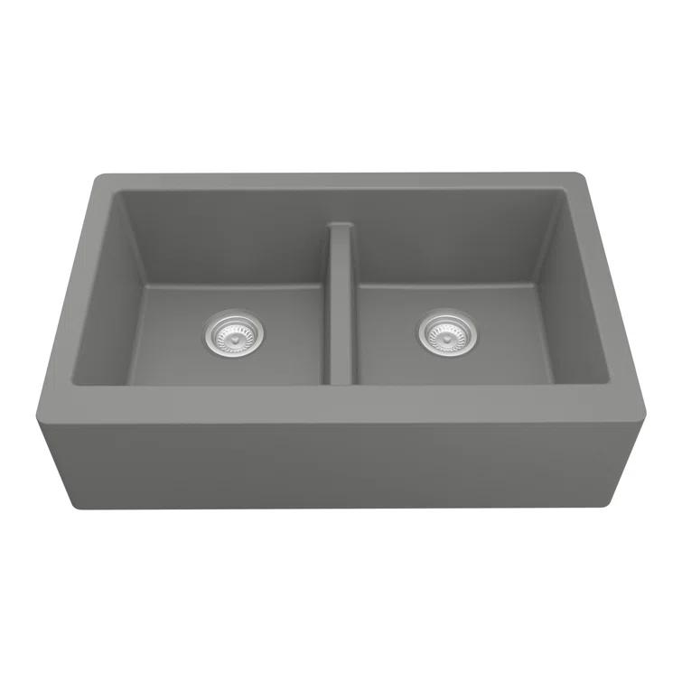 Karran Quartz 34'' X 21-1/4'' 50/50 Double Bowl Farmhouse/Apron Front Kitchen Sink Kit