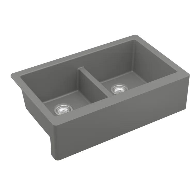 Karran Quartz 34'' X 21-1/4'' 50/50 Double Bowl Farmhouse/Apron Front Kitchen Sink Kit