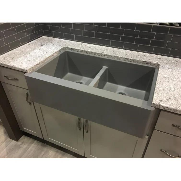 Karran Quartz 34'' X 21-1/4'' 50/50 Double Bowl Farmhouse/Apron Front Kitchen Sink Kit