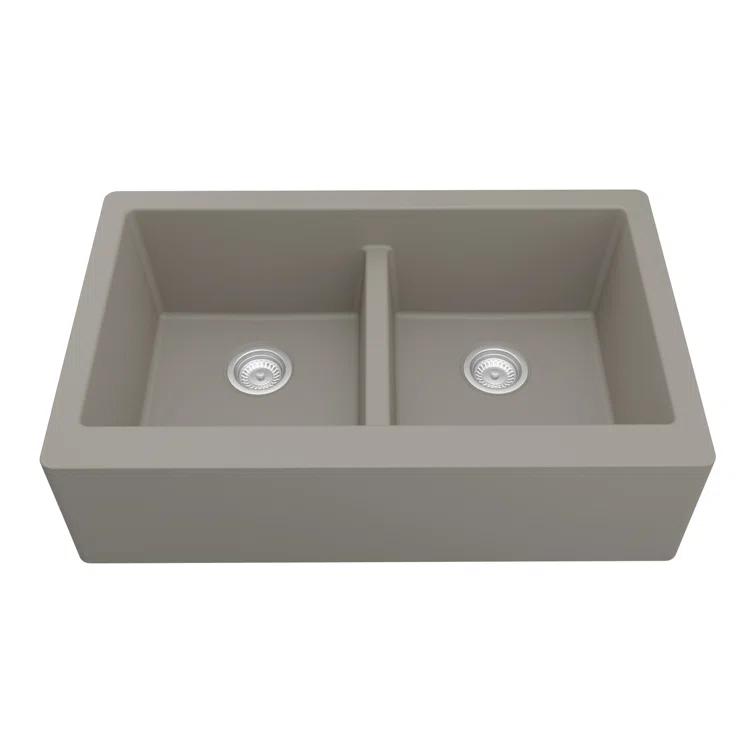 Karran Quartz 34'' X 21-1/4'' 50/50 Double Bowl Farmhouse/Apron Front Kitchen Sink Kit
