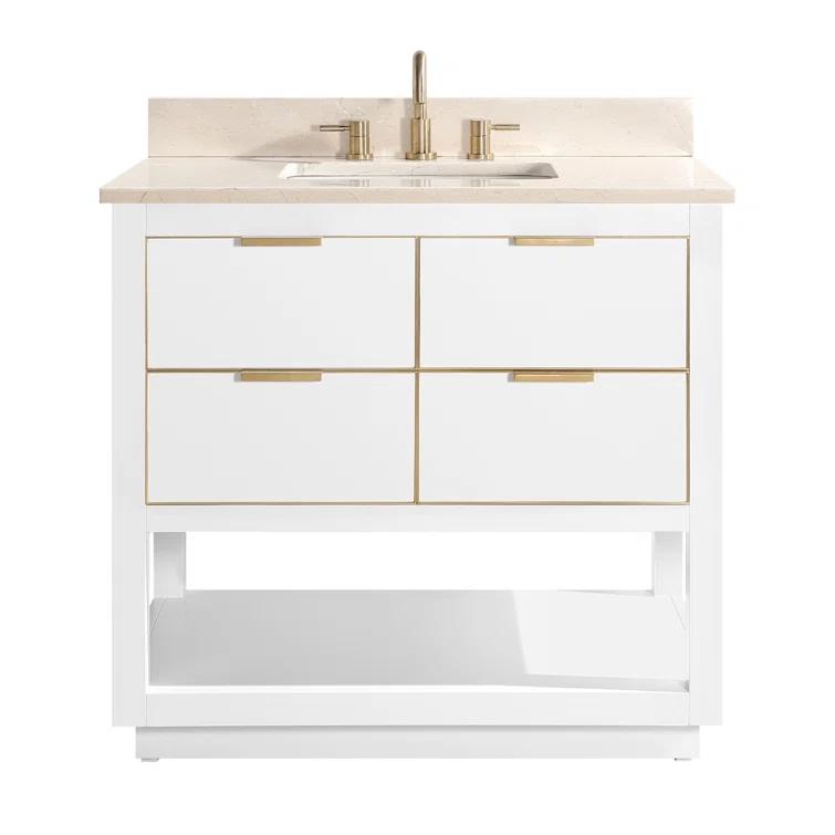 Allie 37" White and Gold Trim Single Bathroom Vanity with Gray Quartz Top