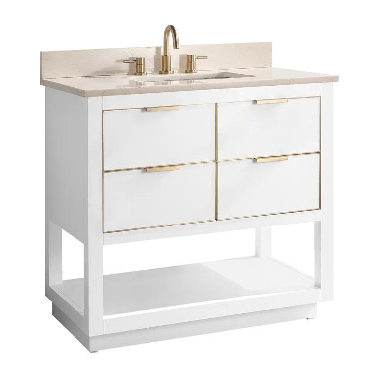 Allie 37" White and Gold Trim Single Bathroom Vanity with Gray Quartz Top