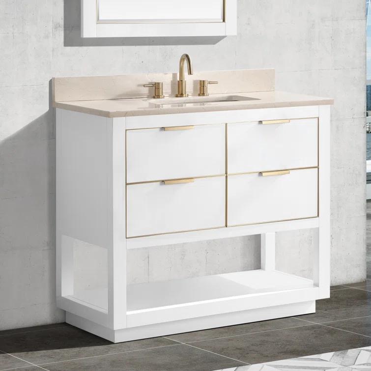 Allie 37" White and Gold Trim Single Bathroom Vanity with Gray Quartz Top