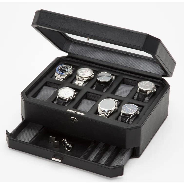 Windsor Mid-Century Black Faux Leather 10-Piece Watch Box with Drawer